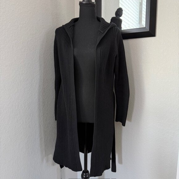 VINTAGE Y2K Black Ribbed Hooded Duster Cardigan Sweater Small - Picture 6 of 11
